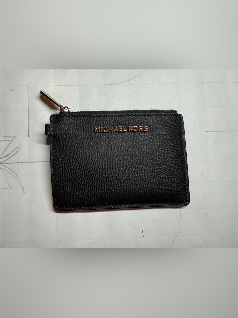Michael Kors Black Saffiano Leather Zip Card Wallet with Gold Logo